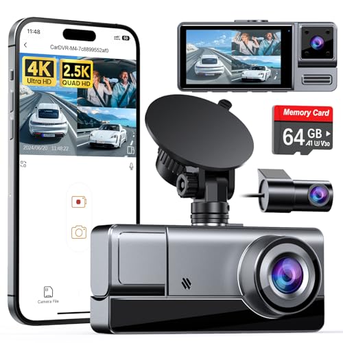 Icesky 3 Channel WiFi Dash Cam Front and Rear Inside, 4K+1080P Dash Camera for Cars Front and Rear, Front and Inside, 2.5K+1080P+1080P Car Camera with 64GB Card, 24H Parking Mode, App Control