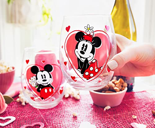 Disney Minnie And Mickey Mouse Hearts Stemless Wine Glasses, Set Of 2 | Tumbler Cup For Mimosas, Cocktails | Each Holds 20 Ounces #TOP3