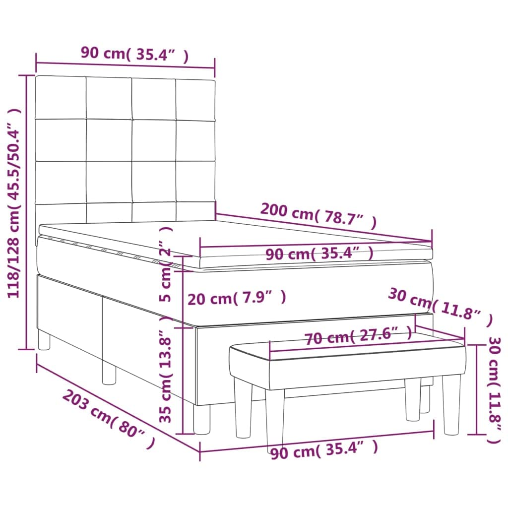 Tkanina z regulowanym zagłówkiem kontynentalne 90x200 cm Taupe | Łóżko kontynentalne 90x200 z materacem sprężynowym, tapicerowane tkaniną, szarobrązowe, z zagłówkiem i ławką
