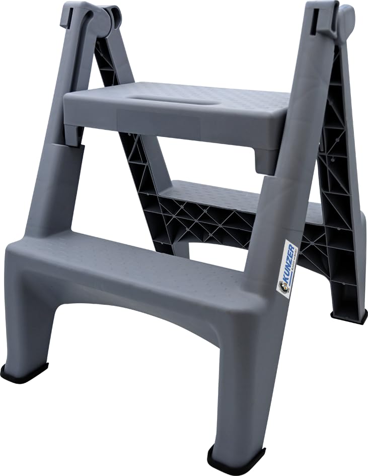 KUNZER 7KKT02 Kunststoff-Klapptritt 2 Stufen 22 und 44 cm Höhe | Leichtgängiger Klappmechanismus, für Werkstatt, Garage, Baustelle und Keller