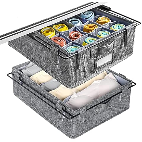 JKsmart Pull Out Sock Underwear Drawer Organizer Divider, Foldable Fabric Dresser Organizers and Storage Box for Closet Bra Tie Panty Clothing, 2 Set, Grey Cover