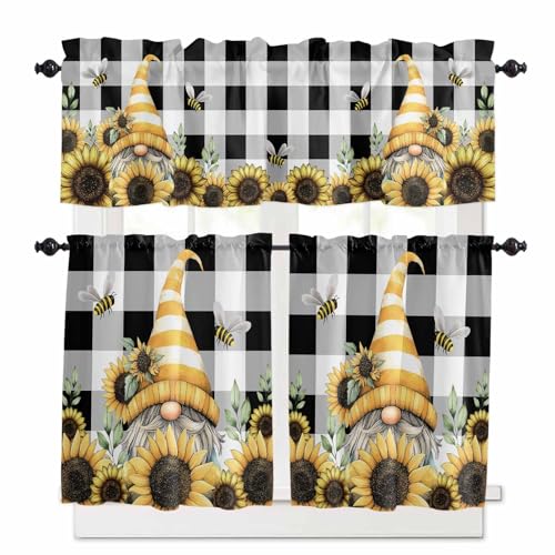 Yellow Dwarf Kitchen Curtains 36 Inch Length, 3 Piece Rod Pocket Small Half Tiers and Valance Set, Sunflower Hat Bee Black White Plaid Small Large Window Treatment Decor for Bedroom/Bathroom Sink