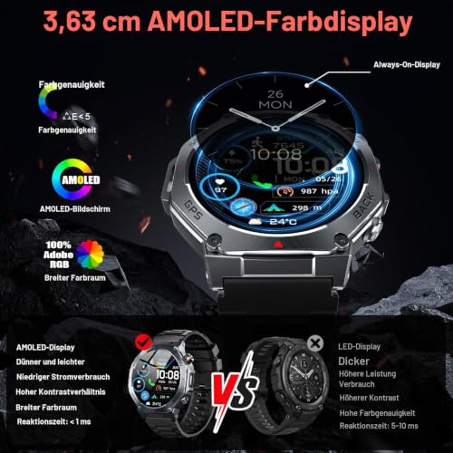 Smartwatch Herren, GPS Militär Fitnessuhr Sportuhr,1,43"AMOLED Smart Watch – Ansicht 3