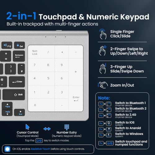 SOPPY Multi-Device Wireless Keyboard with Numeric Touchpad, Mini Bluetooth Keyboard, Stainless Steel Slim Wireless Keyboard with USB Receiver for MacBook/iPad/Tablet/PC/Laptop, QWERTY US Layout - 2