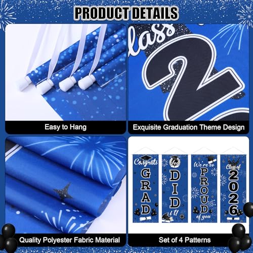 Image of Panelee 4 Pcs Black Blue Graduation Party Decorations 2026 Congrats Grad Porch Banners Class of 2026 Hanging Banner Backdrop for Classroom School Doorway Indoor Outdoor Wall Hanging Decor