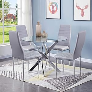 GOLDFAN Ronde glazen eettafel en stoelen set 4 moderne keukentafel en kunstleer gewatteerde stoelen met verchroomde…