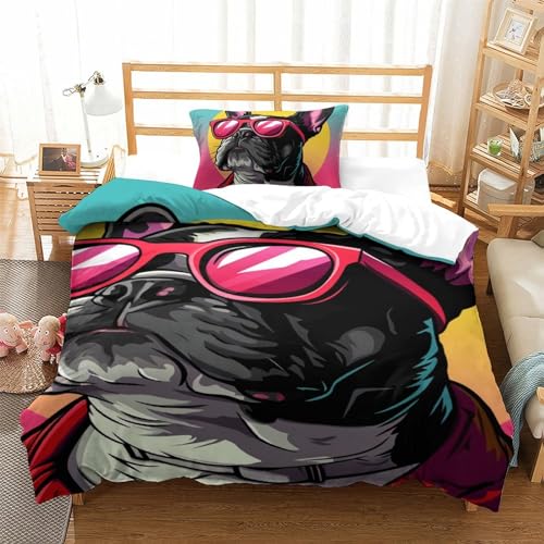 Housse de couette bouledogue français microfibre lit simple 135x200