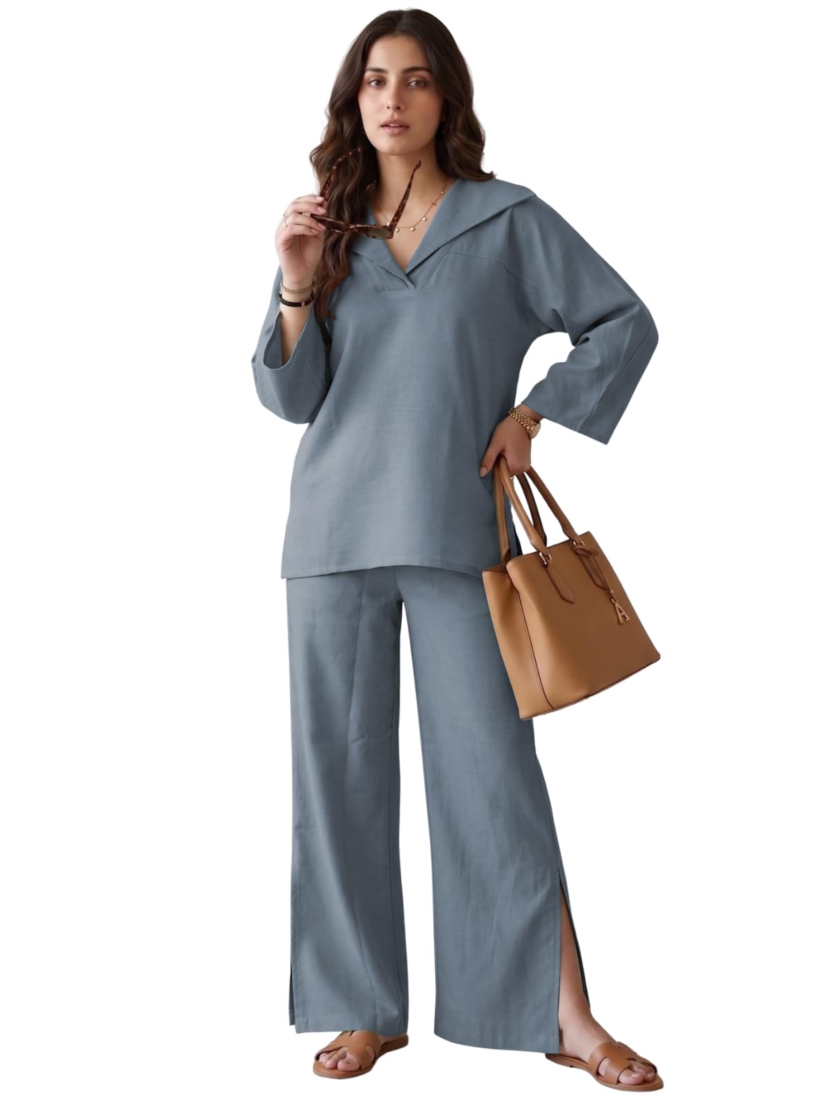 GRECIILOOKS Co Ord Set for Women Stylish | Sea Green Linen Cord Set for Women – Oversized Top and Wide Leg Pants Set for Woman | Casual Travel Airport Outfit for Summer Co Ord Set-picture-12