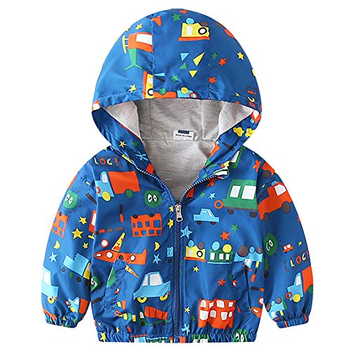 Toddler Baby Boys Girls Car Print Hooded Jacket Long Sleeve Windproof Coats Zip Up Trench Sweatshirts Autumn Winter Lightweight Windbreaker Casual Sports Athletics Warm Outerwear Blue 12-18 Months