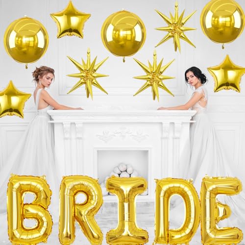 Image of Gold Bride Balloons Bachelorette Party Decorations, 32in Gold Giant Bride Balloons with 4D Disco Ball Balloon and Star Foil Balloon for Bridal Shower Wedding Engagement Party Supplies