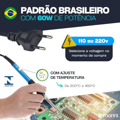 Ferro De Solda 60w com Temperatura Ajustável Profissional + 6 Pontas Suporte e Esponja (220, Volts)