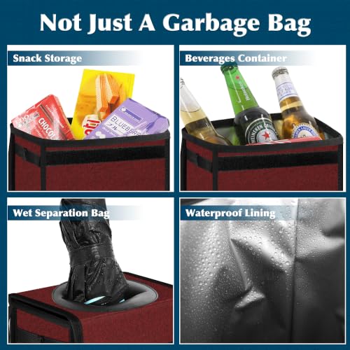 Image of Femuar Leak Proof Car Trash Can with Lid, Collapsible Hanging Waterproof Car Trash Bag with Mesh Pocket for SUV Front Seat Headrest, Burgundy