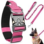 AKOFIC Tactical Dog Collar, Heavy Duty Wide Dog Collar with Handle and Soft Padded, Adjustable Comfortable Pet Collar for Small Medium and Large Dogs Training (Rose Red + Leash, L)