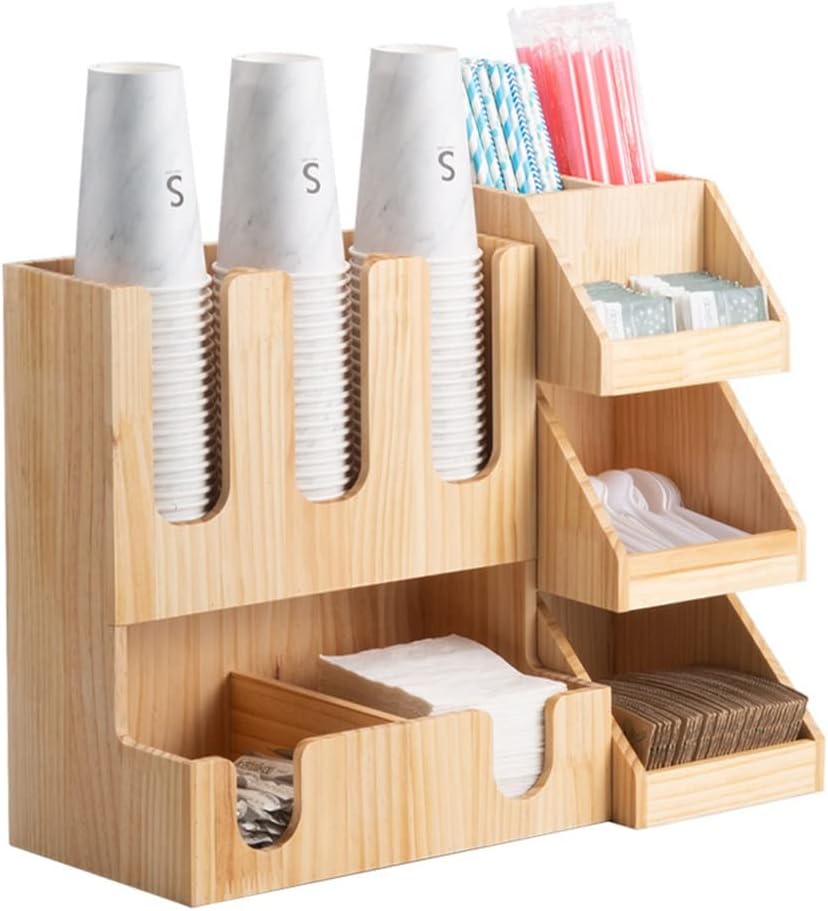 Wooden Cup Dispenser & Holder - Multifunctional Coffee Station Organizer for Office - Disposable Coffee Cup & Sugar Packet Storage, 50.5x22.5x37cm, Beige