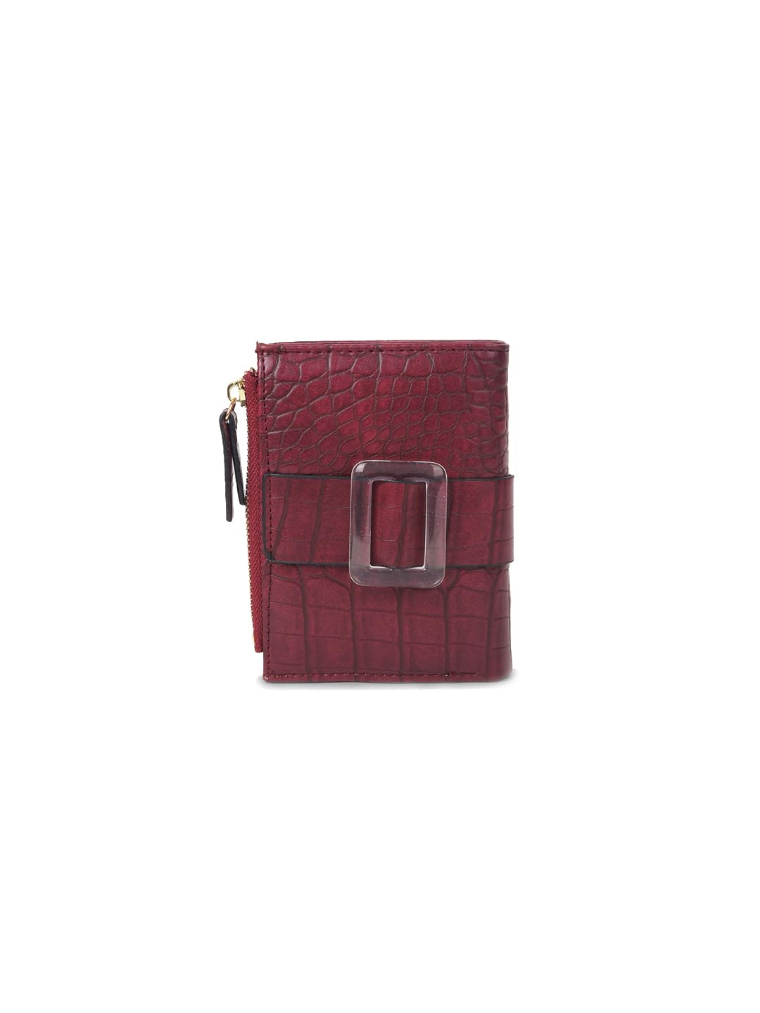 Croc Pattern Faux Leather Wallet for Women, Small Clutch Wallet with Card Slots and Zip Around (Burgundy)-image-15
