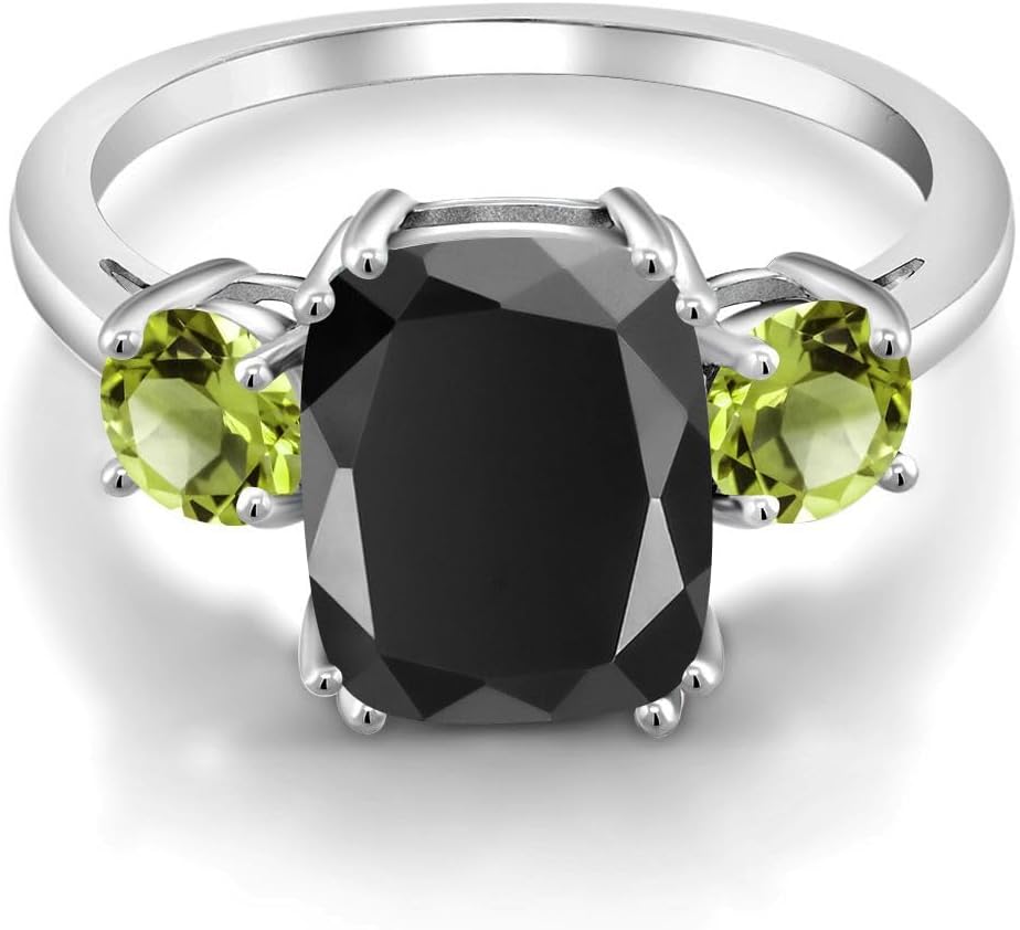 Gem Stone King 3.63 Cttw Black Onyx and Green Peridot 3-Stone Ring For Women | 925 Sterling Silver | Cushion Cut 10X8MM | Round 4.5MM | Gemstone Birthstone | Available In Size 5, 6, 7, 8, 9
