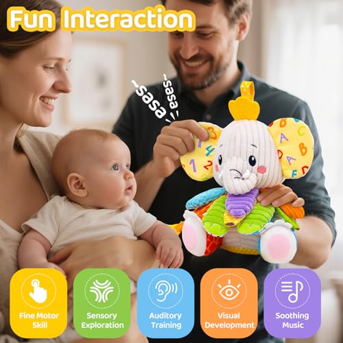 Image of Baby Toys 3-6 Months, Musical Stuffed Elephant Toddler Toy for Newborn Infant 3 6 9 12 Months, Tummy Time Toys Montessori Sensory Toys 0-6 6-12 Months, Crinkle Paper, Mirror Soothing Music Shower Gift