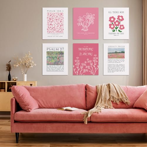 Image of Habseligkeit Pink Flower Wall Art Prints, Retro Wall Decors for Room Aesthtic, Abstract Posters for Girls Bedroom Decor Aesthetic Unframed, 8X10in, Set of 6