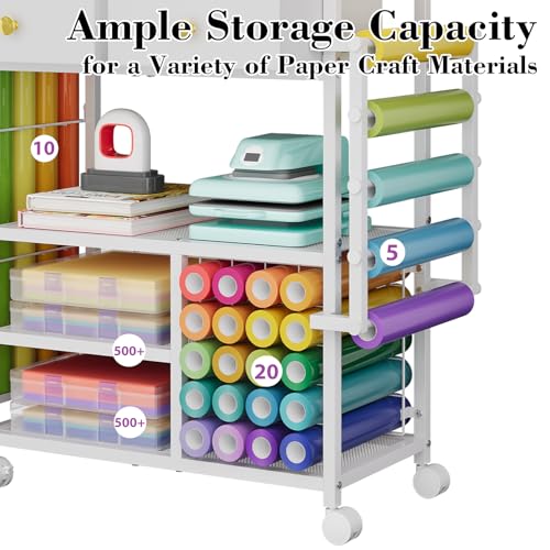 Image of Large Craft Wrapping Paper Organizers Cart, Rolling DIY Storage for Birthday with 2 Fabric Drawers, Lockable Wheels Cart for Vinyl Roll, Craft Supplies, Multi-Tier Craft Tape Holder