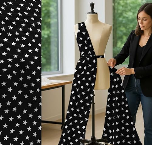 Image of Soimoi Black Cotton Cambric Fabric Stars Star Printed Fabric 1 Meter 58 Inch Wide
