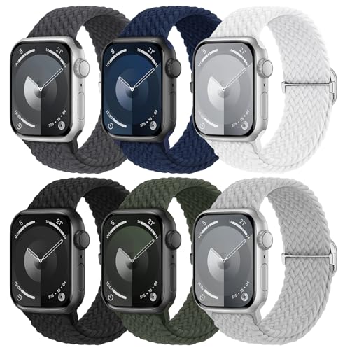Image of 6 Pack Braided Stretchy Bands Compatible with Apple Watch Band 38mm 40mm 41mm 42mm 44mm 45mm 46mm 49mm Women Men, Adjustable Nylon Solo Loop Elastic Straps for iWatch Series 11 10 9 8 7 6 5 4 SE Ultra
