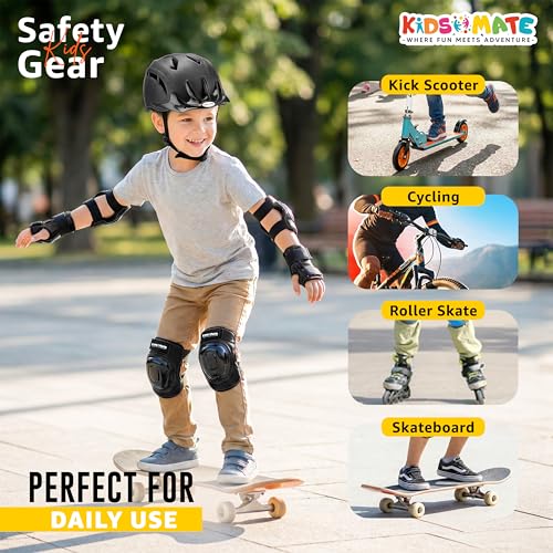 Image of Kidsmate Sports Protective Gear Set for Boys & Girls | Kids Safety Guard Contains Helmet, Knee Pads, Elbow Pads & Wrist Guards | Ages 3-14 Years, Ideal for Cycling, Skateboarding & Scooters (Black)