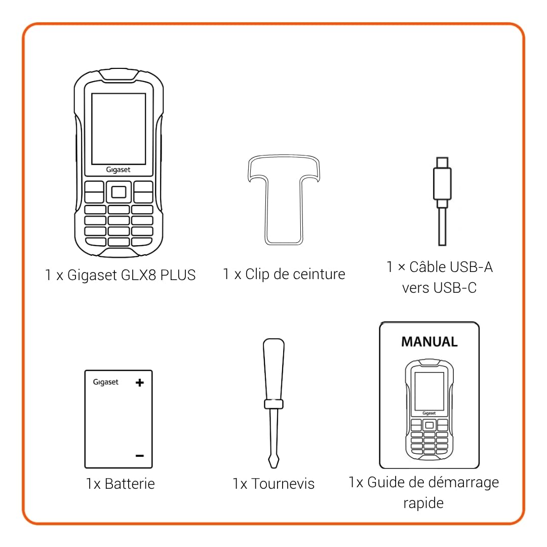 Gigaset GLX8 Plus Téléphone Portable à Touches 4G Robuste IP68 Double SIM Bluetooth 5.0 Écran LCD 2,4" Noir/Orange