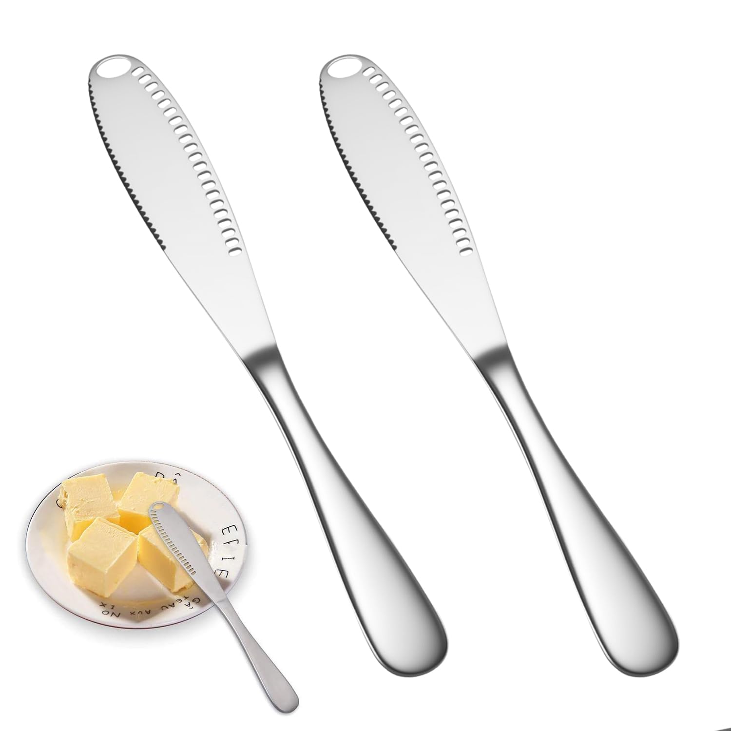 2 Piezas Cuchillo de Mantequilla de Acero Inoxidable, 20,5 cm Esparcidor de Mantequilla, con Borde Dentado y Estructura Ranurada, para Mermelada, Nata, Tarta, Queso, Frutas, Verduras (Plata)