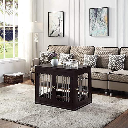 Unipaws Furniture Style Dog Crate End Table With Cushion, Wooden Wire Pet Kennels With Double Doors, Medium Dog House Indoor Use #TOP2