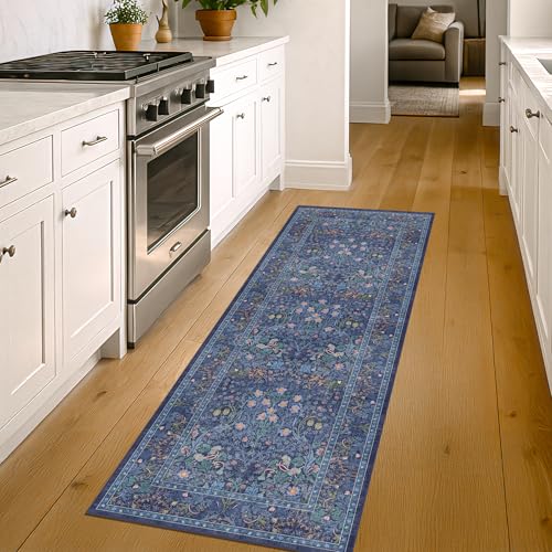 Non Slip 2x5 Dark Blue Entryway Runner Rug - Washable Small Throw Rugs for Bathroom, Bedroom, Laundry Room, Hallway, Kitchen Floor Mat, Dusky Navy Vintage Oriental Decor