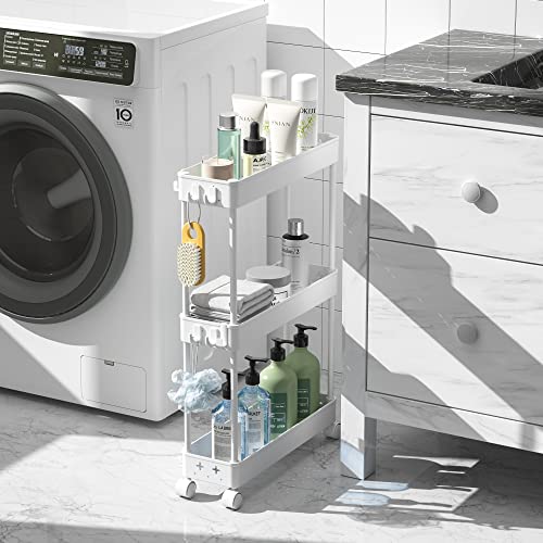 Kingrack 3-Tier Slide Out Storage Cart, Slim Rolling Cart On Wheels,Slim Storage Cart, Space-Saving Bathroom Storage,Kitchen,Narrow Place,White #TOP3