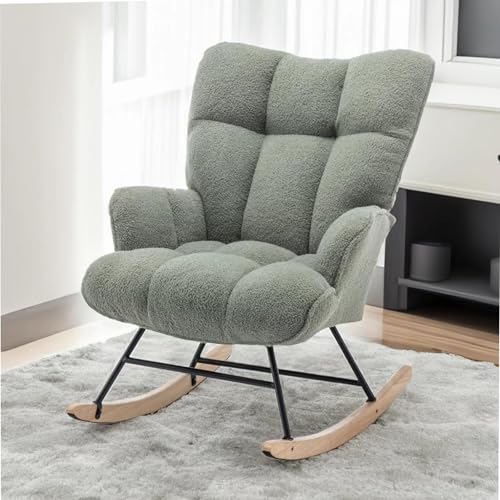 Image of Rocking Chair Nursery Teddy Upholstered Glider Rocker Rocking Accent Chair Padded Seat with High Backrest Armchair Comfy Side Chair for Living Room Bedroom Offices (Light Green Teddy)