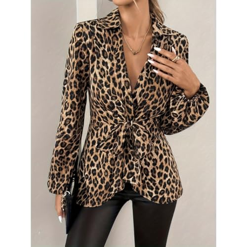 Women's Leopard Print Blouse Long Sleeve V Neck Tie Front Lapel Collar Top Trendy Blouse Shirt Versatile Blouse Y2K3