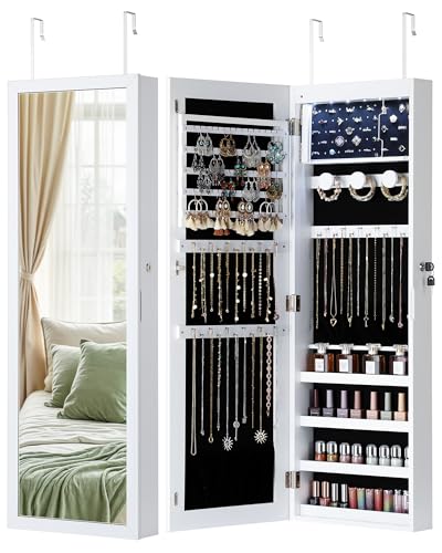 Nicetree 6 LEDs Mirror Jewelry Cabinet, Jewelry Organizer with Full Length Mirror, Wall/Door Mounted Jewelry Organizer, Full Length Mirror with Storge (Textured White)