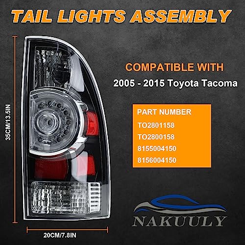 Image of Tail Lights Compatible With 2005-2015 Tacoma (Black Housing Style) | Driver and Passenger Side, LED and Halogen, w / Bulb and Harness, Taillight Brake Signal Assembly