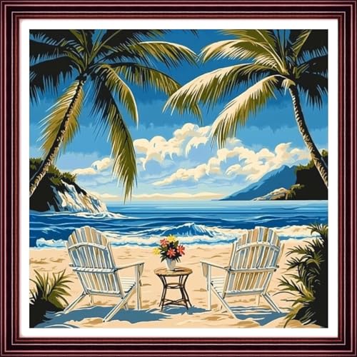 Image of Redxing Stamped Cross Stitch Kits Full Range of Embroidery Starter Kits- Needlepoint Counted Cross Stitch Kits for Beginner Adults 11CT Printed Embroidery Kit-Resting Under Coconut Trees 18x18 inch