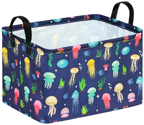 Image of Kid Storage Basket Gift Shelf Basket Toy Storage Bin, Nursery Basket Organizer Box for With Handles for Room Deco (Colorful Jellyfish)