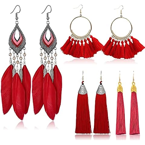 Bohemian Silky Thread Fan Fringe Tassel Statement boho feather Earrings (Red) Cover