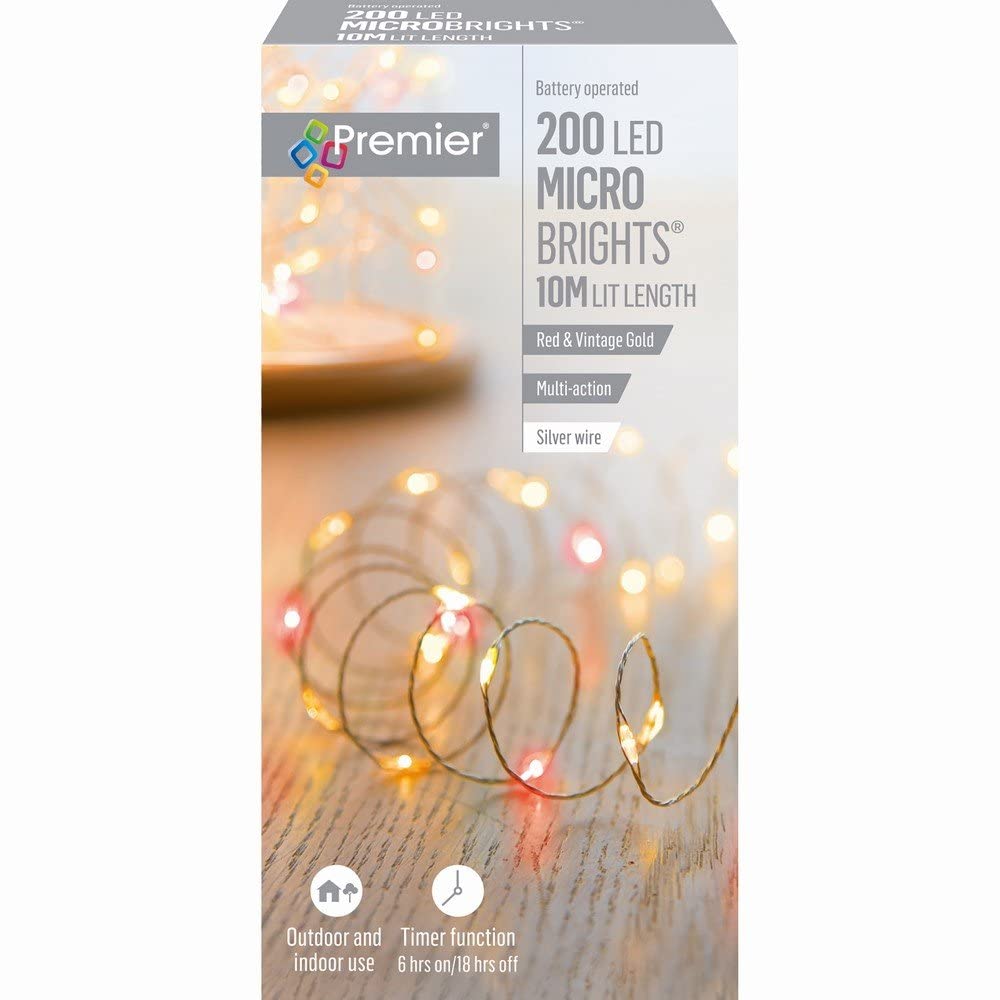 Premier Gold,Red Battery Operated Multi Action Micro Brights Red & Vintage Gold 200 Led - Lb151211rvg