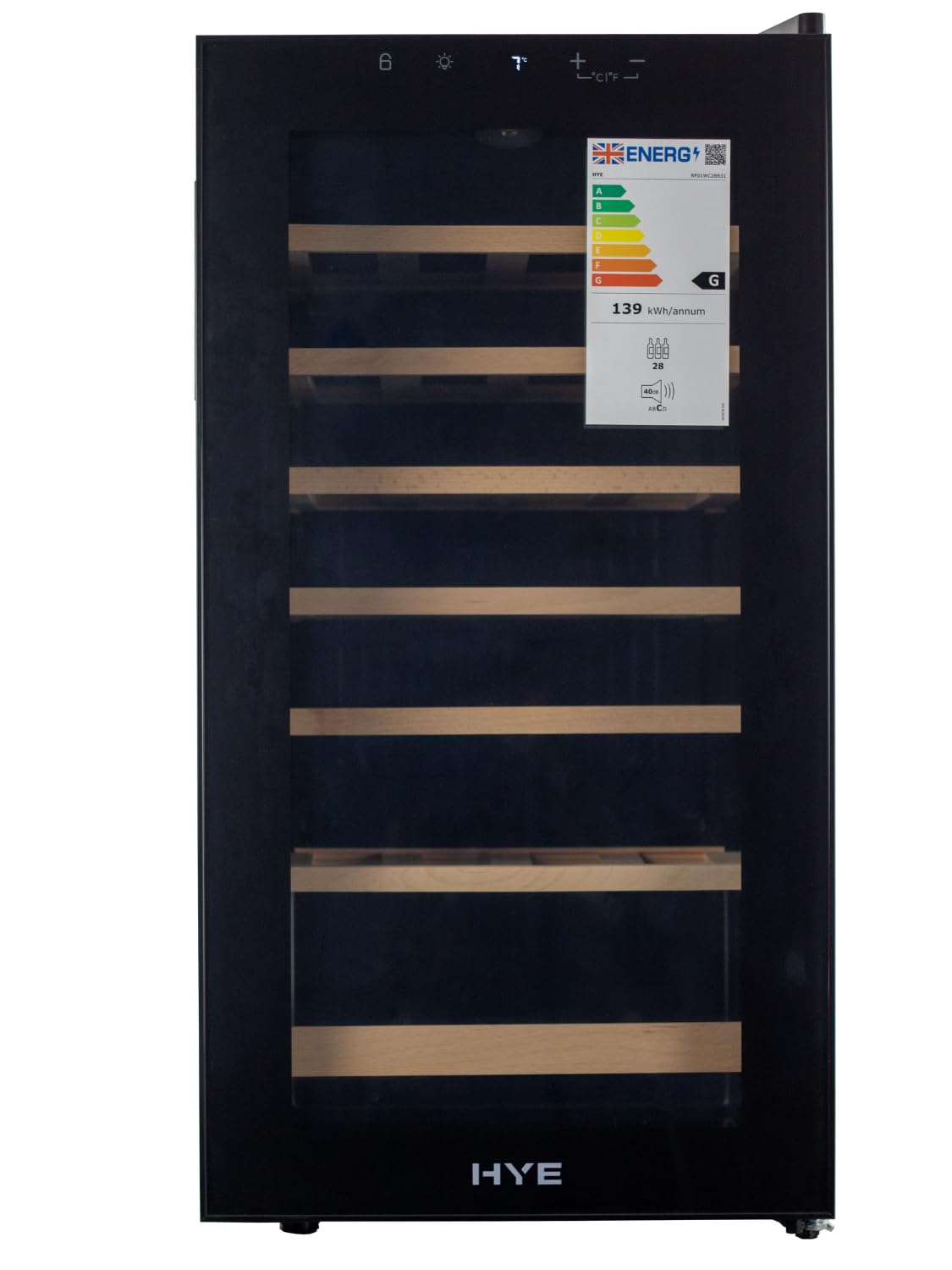 HYE Wine Cooler - Wine Fridge With 28 Bottle/88L Storage, 43CM Width, Wooden Shelves, LED Top Lighting, Temperature Range Adjustment, 40 dB Operation, Perfect For Collectors - RF01WC28B31