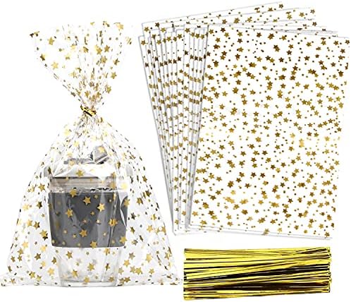 COQOFA 100 Pcs Star Printed 8"X 12" Gift Wrap Cello Cellophane Treat Bags Party Favor bags Clear Candy Cookie Bags Plastic Poly Goodie Storage Bags with Twist Ties for Bakery,Birthday, Wedding ,Party Decorations (Gold)
