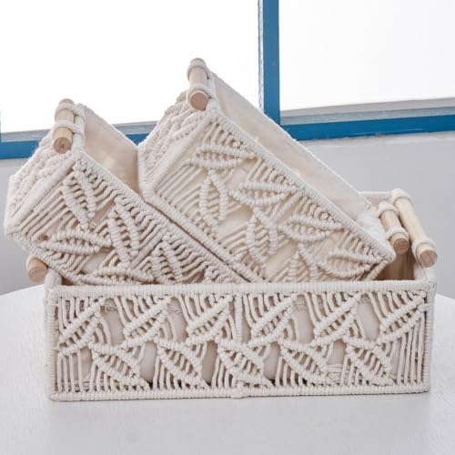 Cestas de macramé de cuerda de algodón de alta calidad con elegantes asas de madera 7