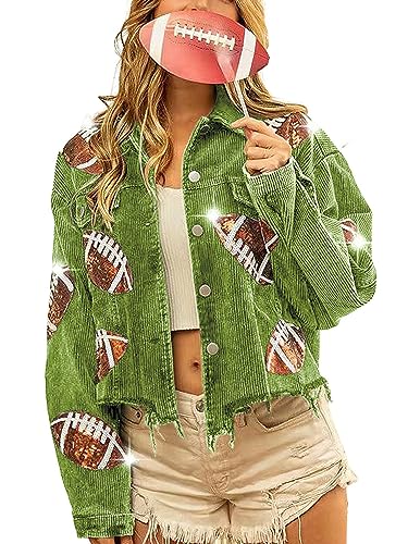 chouyatou Women Fall Sequin Rugby Distressed Corduroy Jacket Lightweight Frayed Oversized Denim Jacket