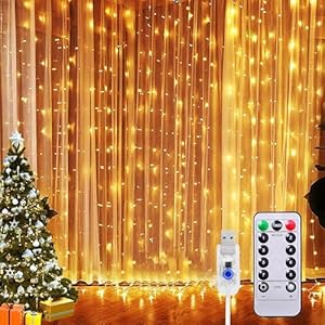 Sunlisky Lichtervorhang 3x2m 200LED Lichterketten Vorhang, 8 Modi IP65 Wasserdicht, LED Lichterkettenvorhang mit Fernbedienung Timer, für Innenbeleuchtung Partydekoration Valentinstag