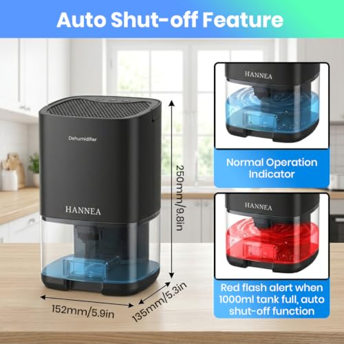 Image of HANNEA1000ml Home Dehumidifier, Compact Moisture Absorber with Auto Shut-Off, Color Ambient Night Light & Quiet Operation, Small Room Dehumidifier for Bedroom, Closet, Office, 15x13x25cm