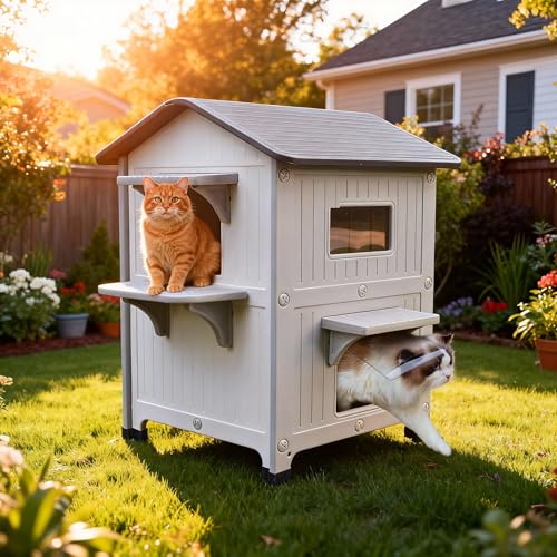 Rockever Plastic Insulated Outdoor Cat House with Escape Door, 2 Story Waterproof Cat House for Outdoor Cats for Feral Cats, Elevated Outside Cat Shelter, Clean and Assemble Easily