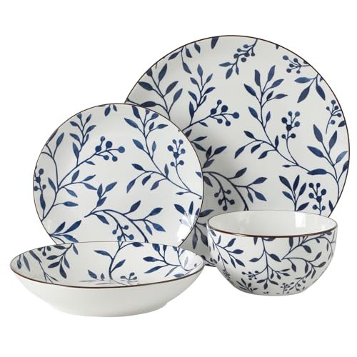 Image of Gibson Home Palace Suite 16-Piece Dinnerware Set, Blue Floral Stoneware Plates & Bowls, Service for 4, Round Durable Everyday Dish Set