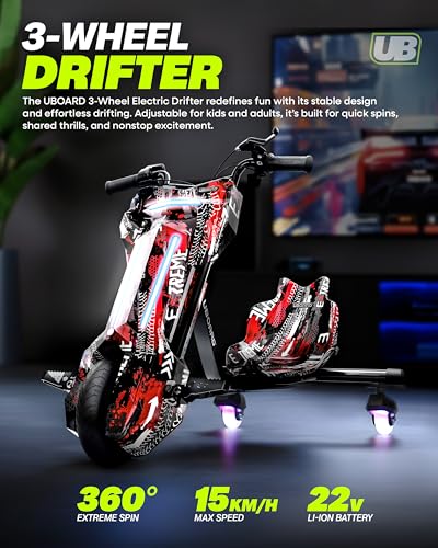 Image of Uboard 3-Wheel Drifter with LED Lights and Bluetooth for Kids Ages 6+Years, Front Disc Brakes, 15 km /h Top Speed, 3-Hour Charge, 75 kg Weight Capacity