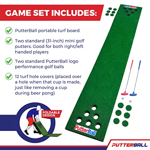 Putterball Golf Pong Game Set The Original - Includes 2 Putters, 2 Golf Balls, Green Putting Pong Golf Mat & Golf Hole Covers - Best Backyard Party Golf Game Set #TOP1
