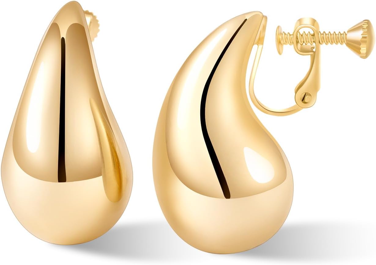 Gold Drop Clip On Earrings Dupes Teardrop Chunky Non Pierced Earring 14K Real Gold Plated Hypoallergenic Lightweight Earrings for Women（Gold and Silver）